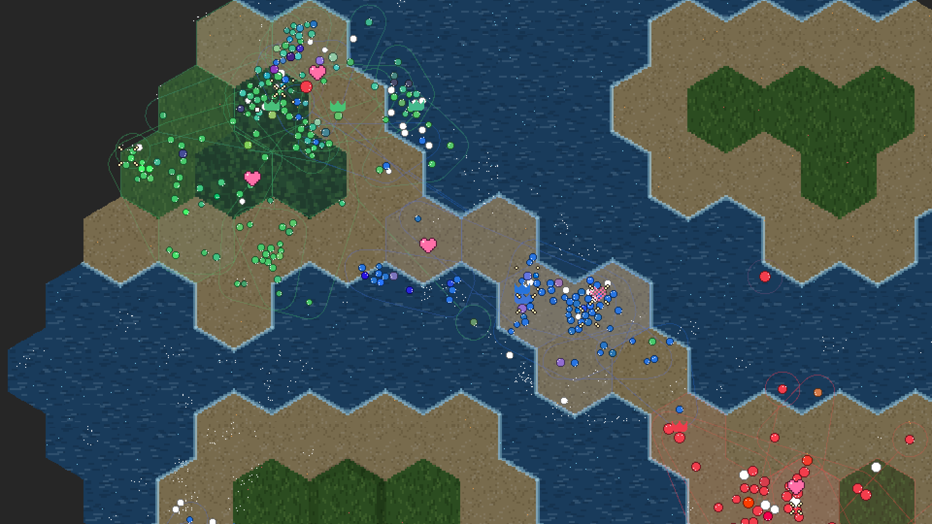 Green, blue, and red packs hold their own territory on an archipelago map