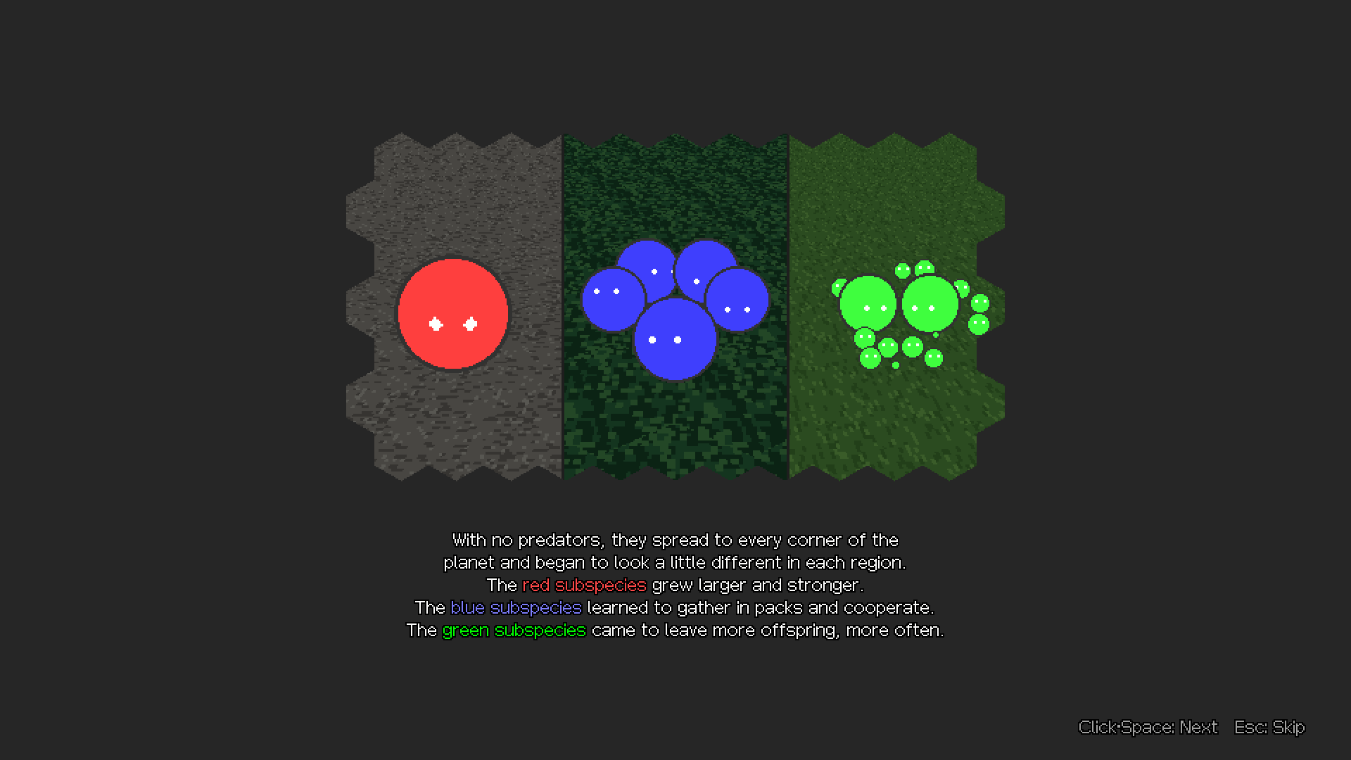 A story scene explaining the red, blue, and green subspecies that split from a gray ancestor