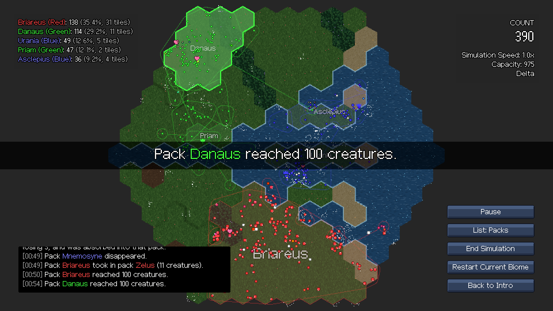The first story mode map with the pack list and a headline that a pack reached 100 creatures