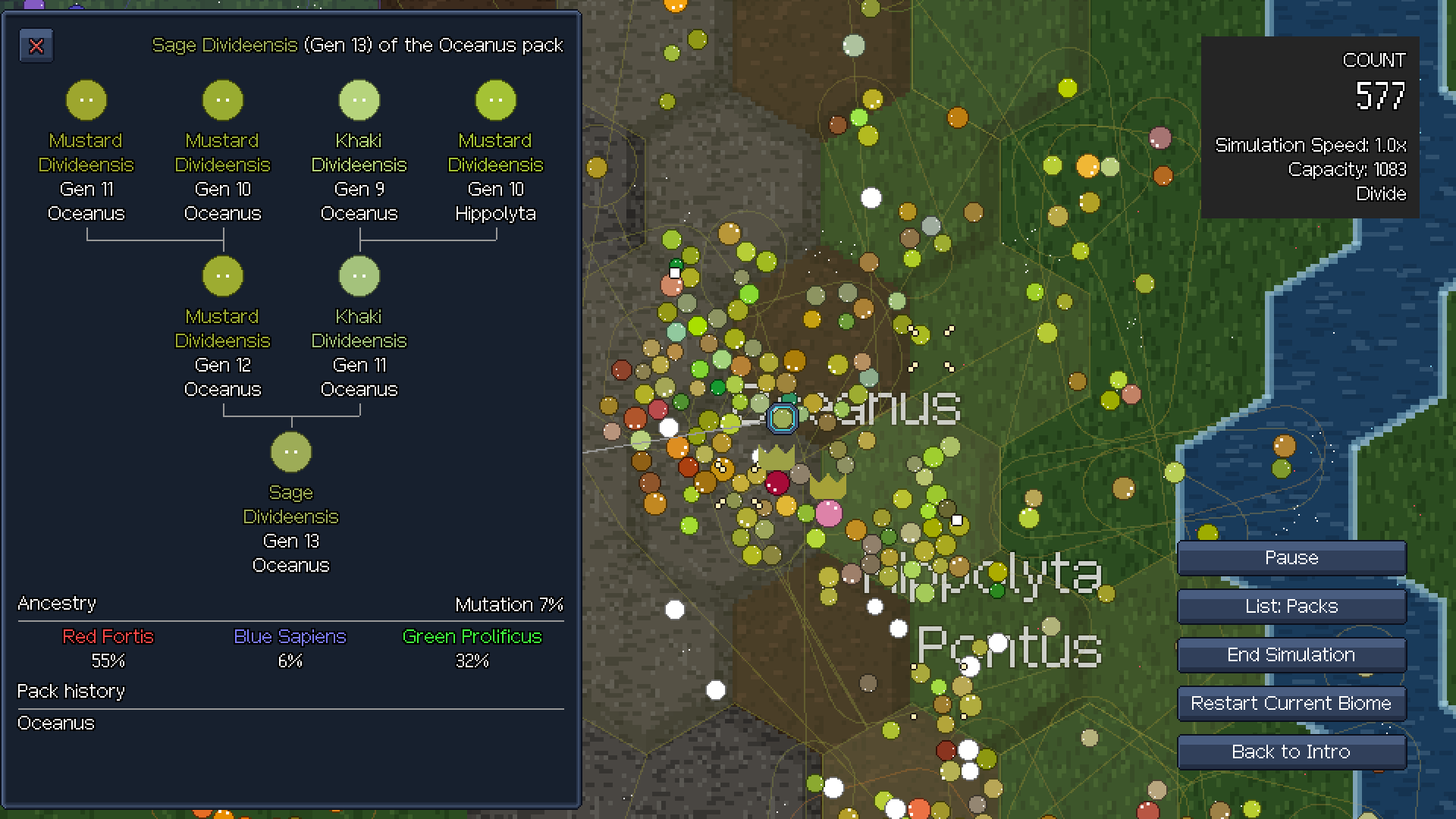 A creature detail window showing three generations of ancestry and ancestor ratios