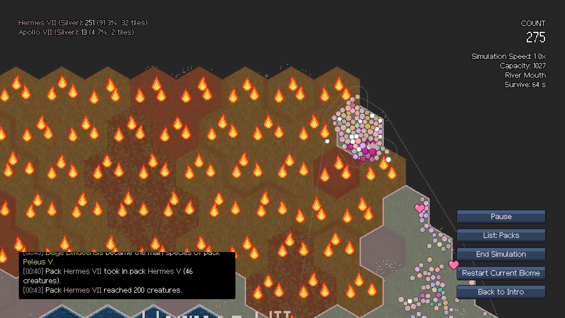 A pack driven into one corner of the map by fire in the fire stage