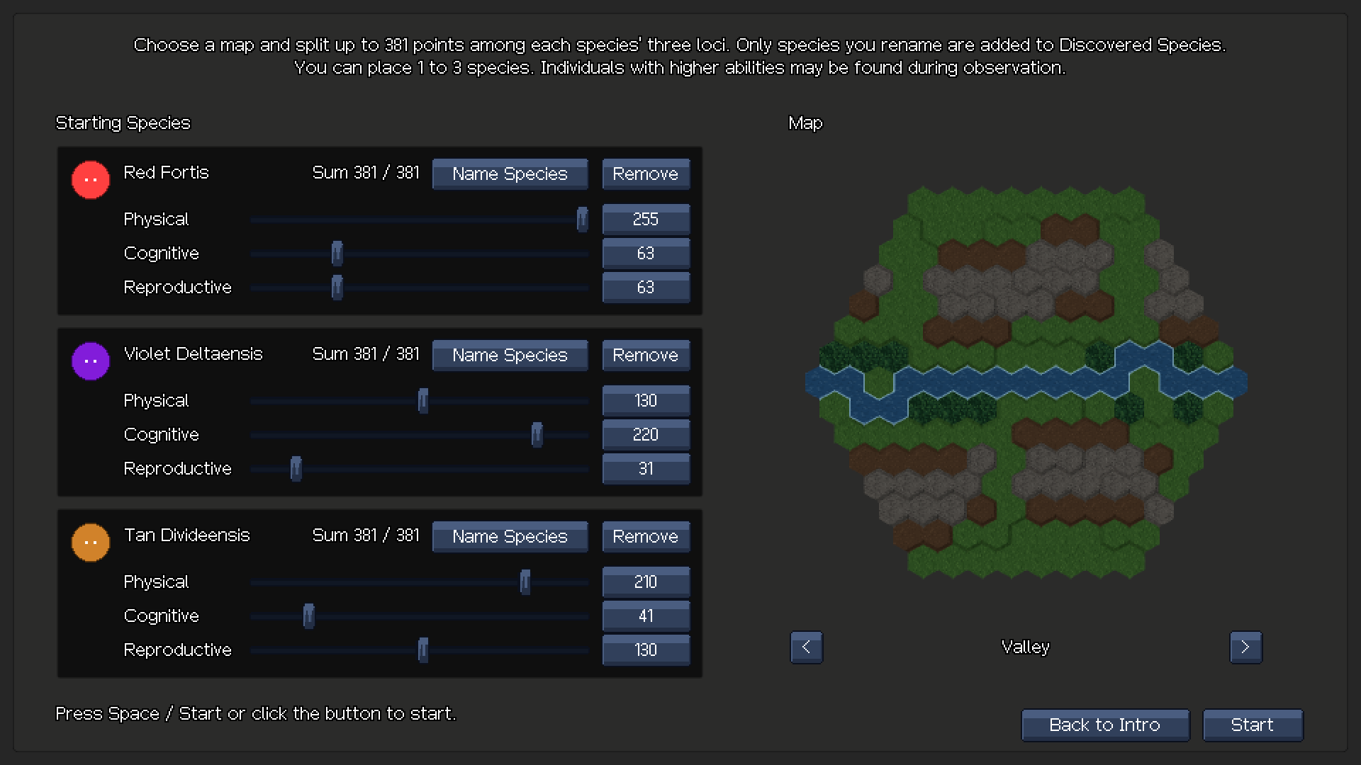 The Laboratory screen where you set the map and the creatures' genes